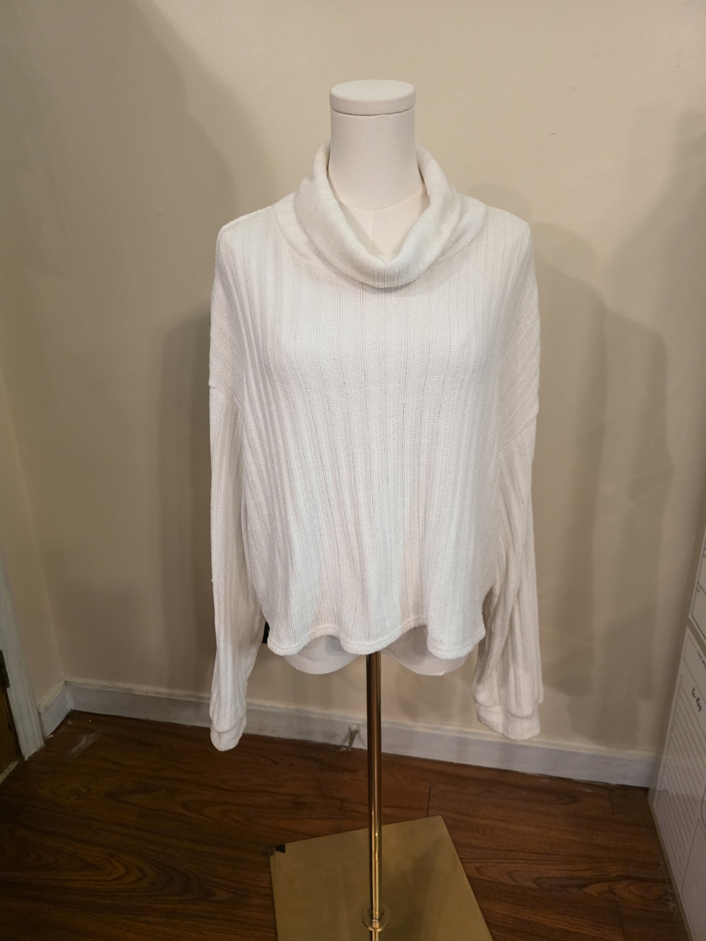 Cream Ribbed Cowl Neck Sweater